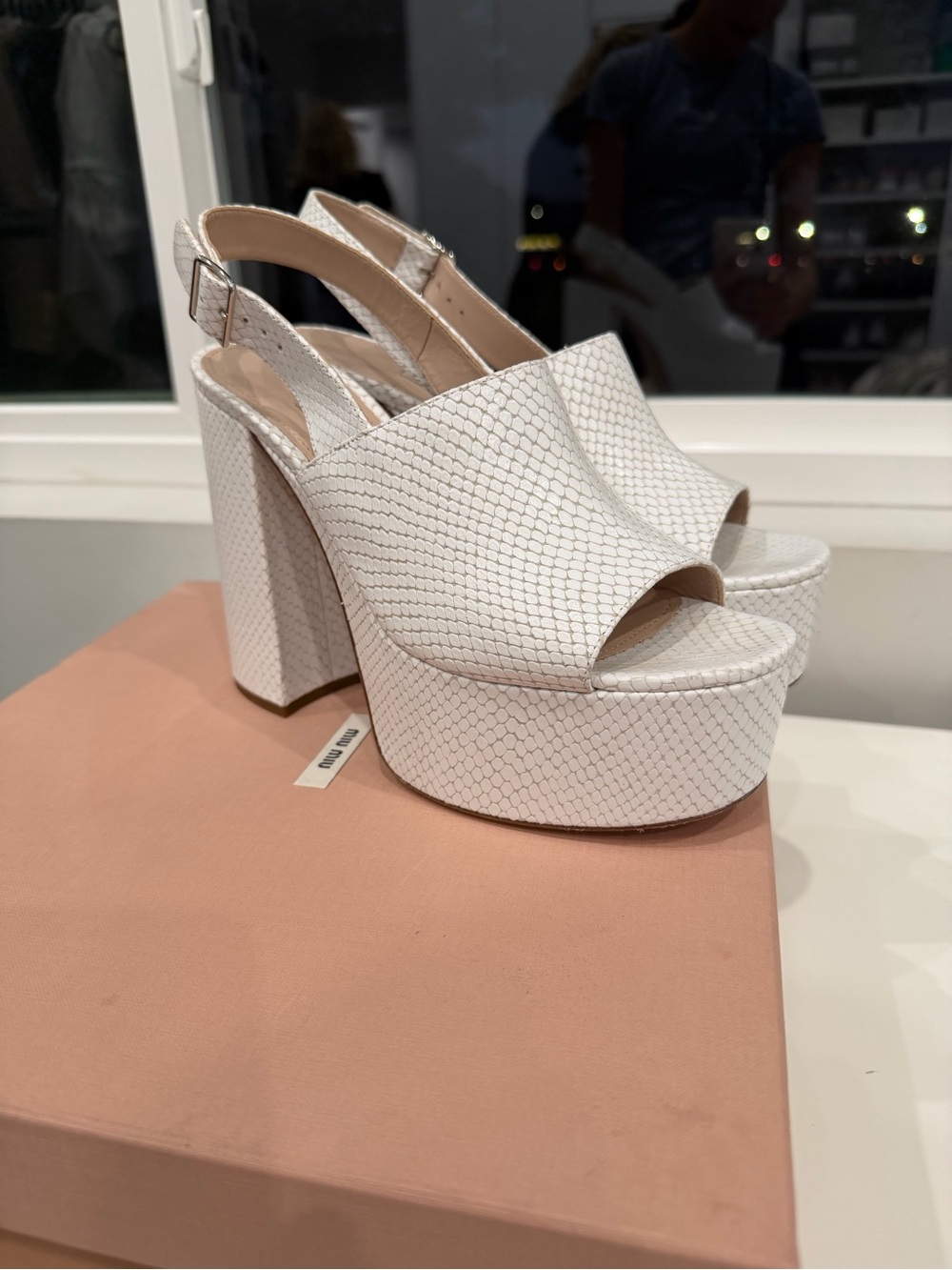 Miu Miu White Textured Open-Toe Platform Slingbacks